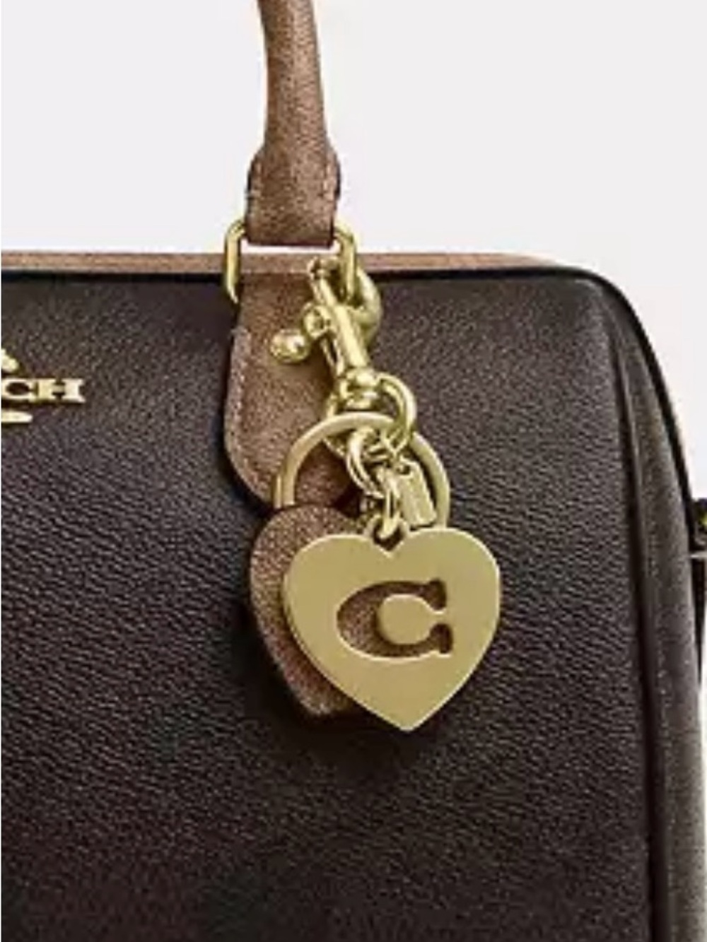 Coach Heart key Ring Signature canvas Brown Leather  with Gold Heart Charm
